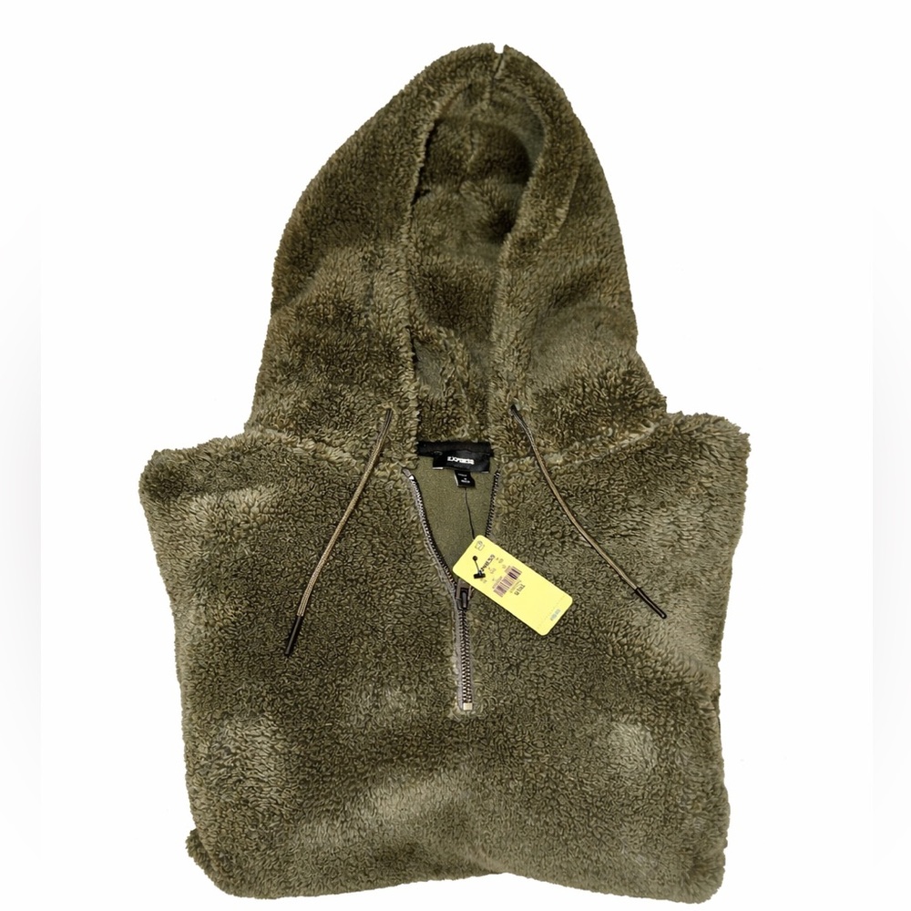 Express Men’s Olive Sherpa Hoodie Quarter Zip | Medium Tall | NWT | Cozy & Warm